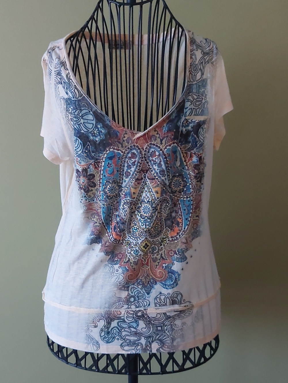 ONE WORLD Pink Paisley Scoop Neck Short Sleeve Top